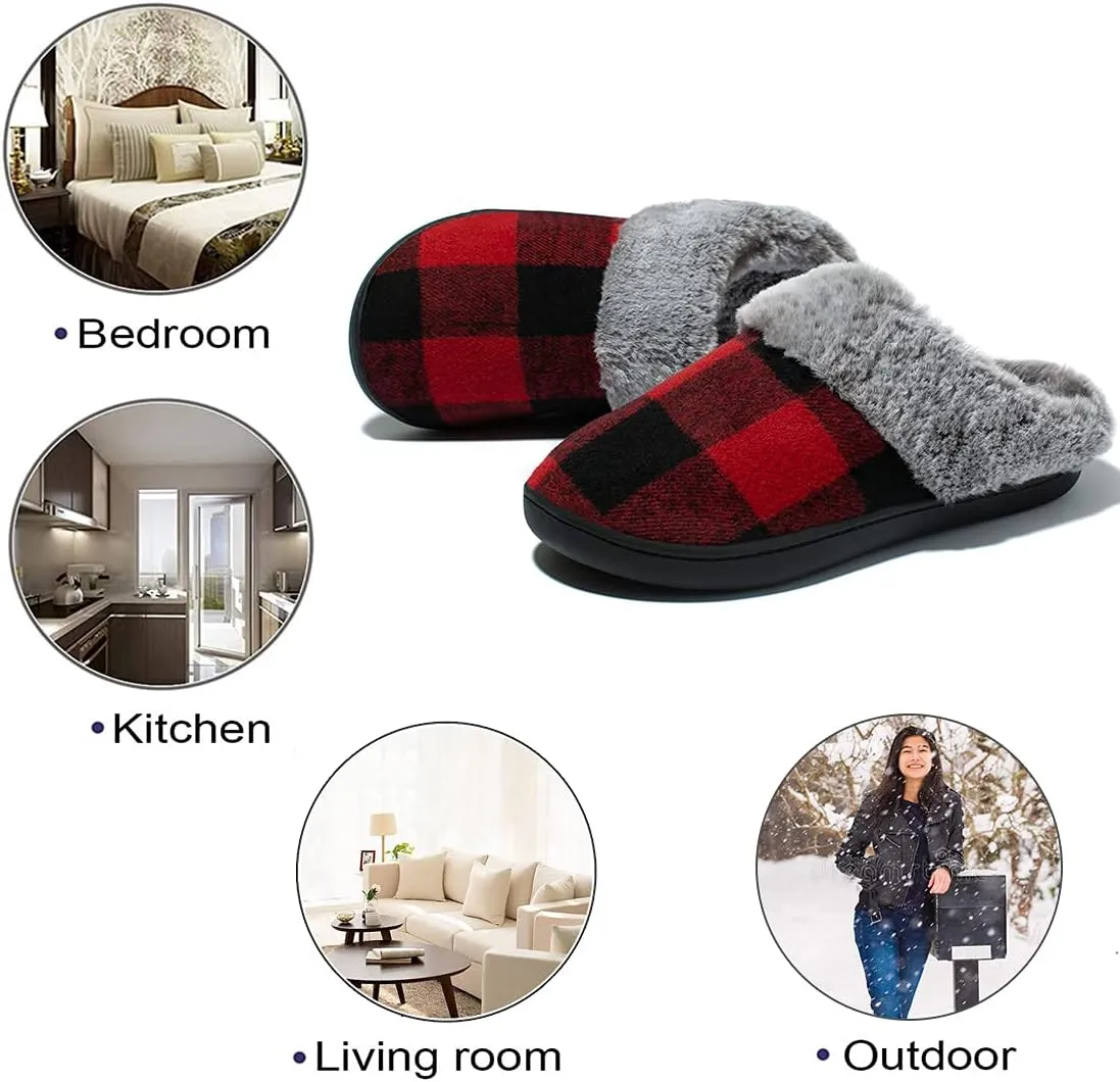Womens Cozy Fuzzy Plaid House Slippers Memory Foam Slip on Indoor Outdoor