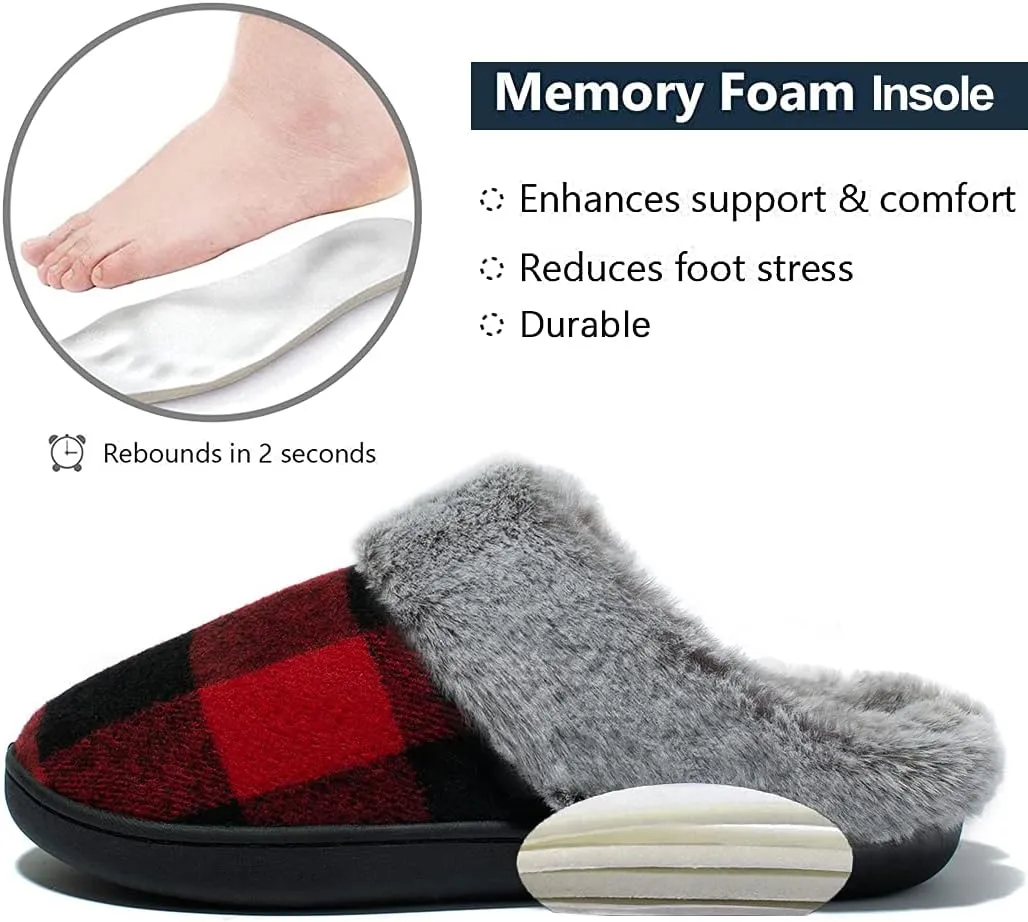 Womens Cozy Fuzzy Plaid House Slippers Memory Foam Slip on Indoor Outdoor