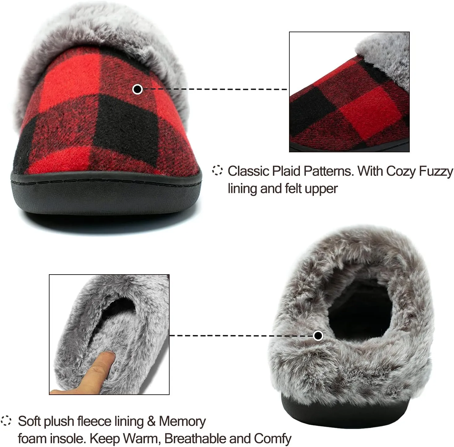 Womens Cozy Fuzzy Plaid House Slippers Memory Foam Slip on Indoor Outdoor
