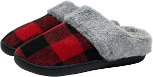 Womens Cozy Fuzzy Plaid House Slippers Memory Foam Slip on Indoor Outdoor