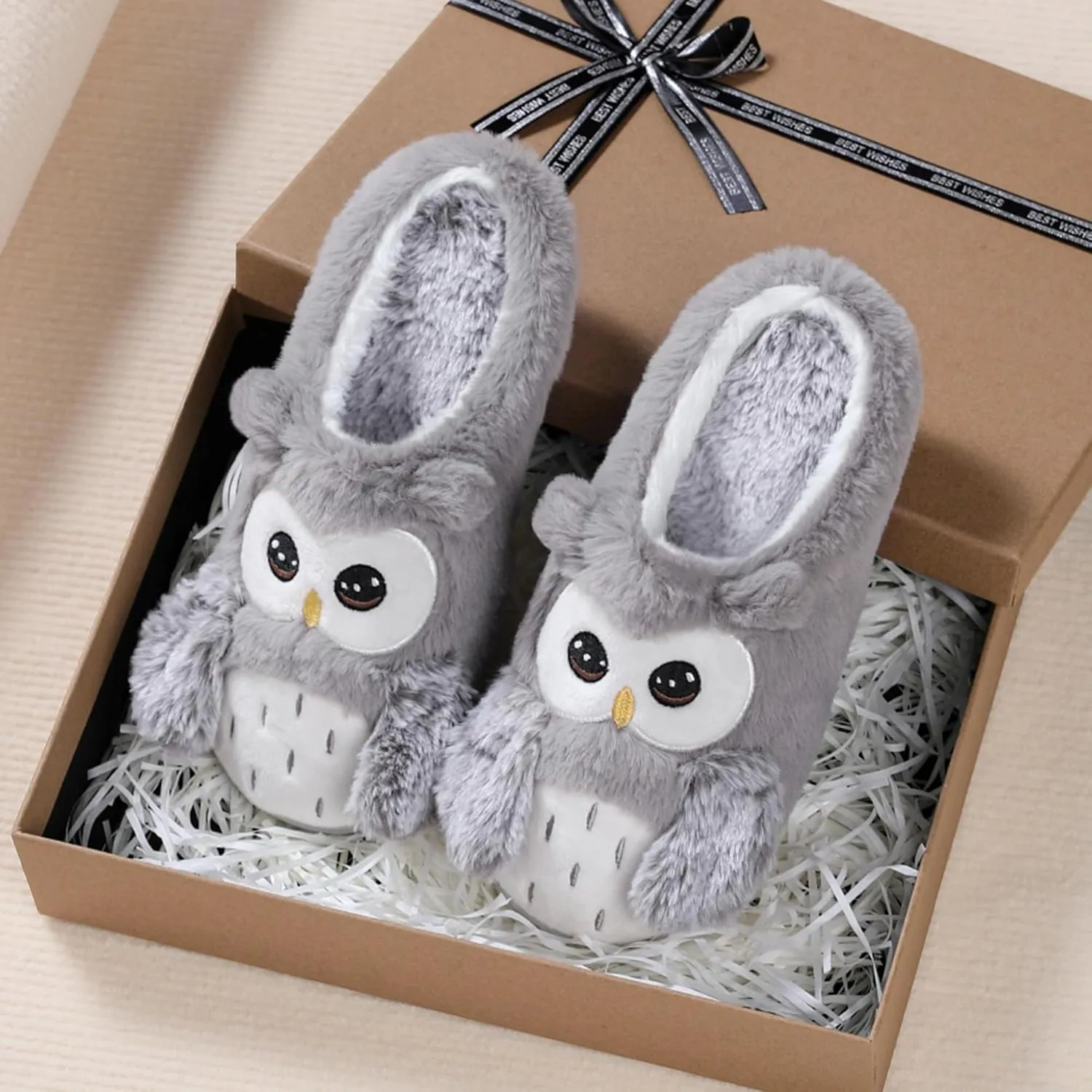 Women's Cute Cartoon Owl Slippers Fuzzy Slip On House Slipper with Memory Foam Comfy Non-Slip Warm Indoor House Shoes
