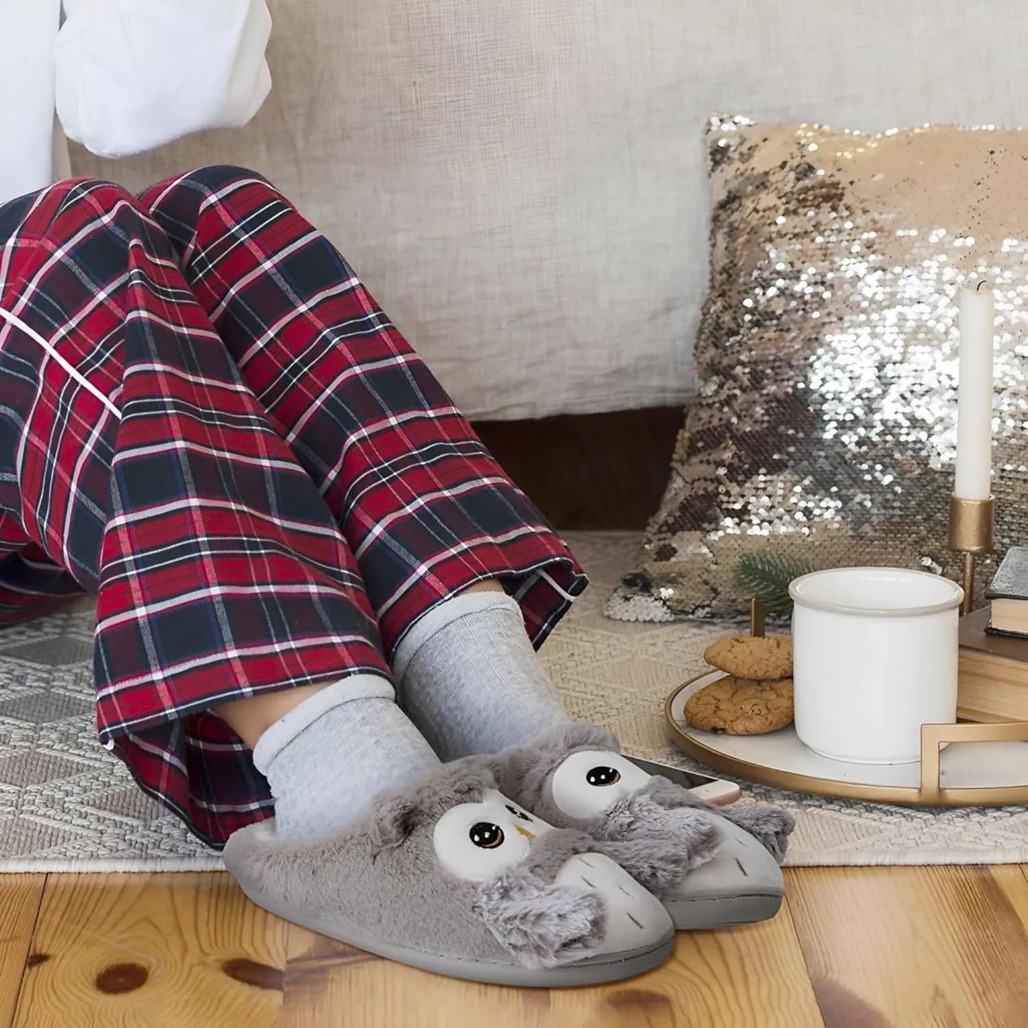 Women's Cute Cartoon Owl Slippers Fuzzy Slip On House Slipper with Memory Foam Comfy Non-Slip Warm Indoor House Shoes