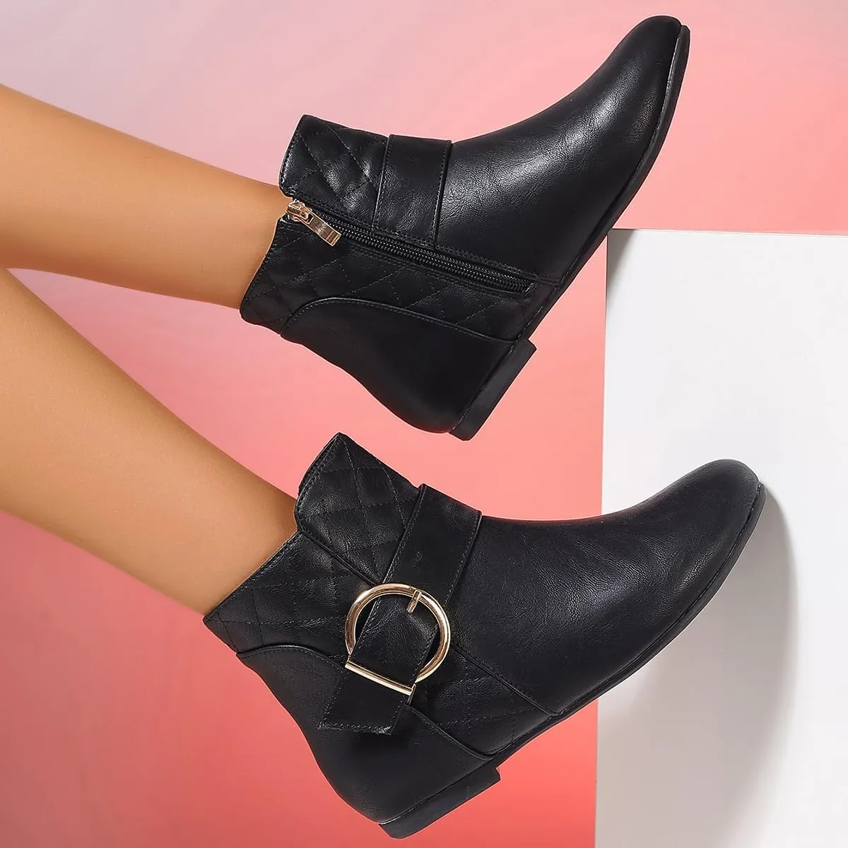 Women’s Fall Flat Ankle Boots - Low Heel Booties with Metal Ring Detail, Short No Heel Boots for Women, Stylish Fall Footwear