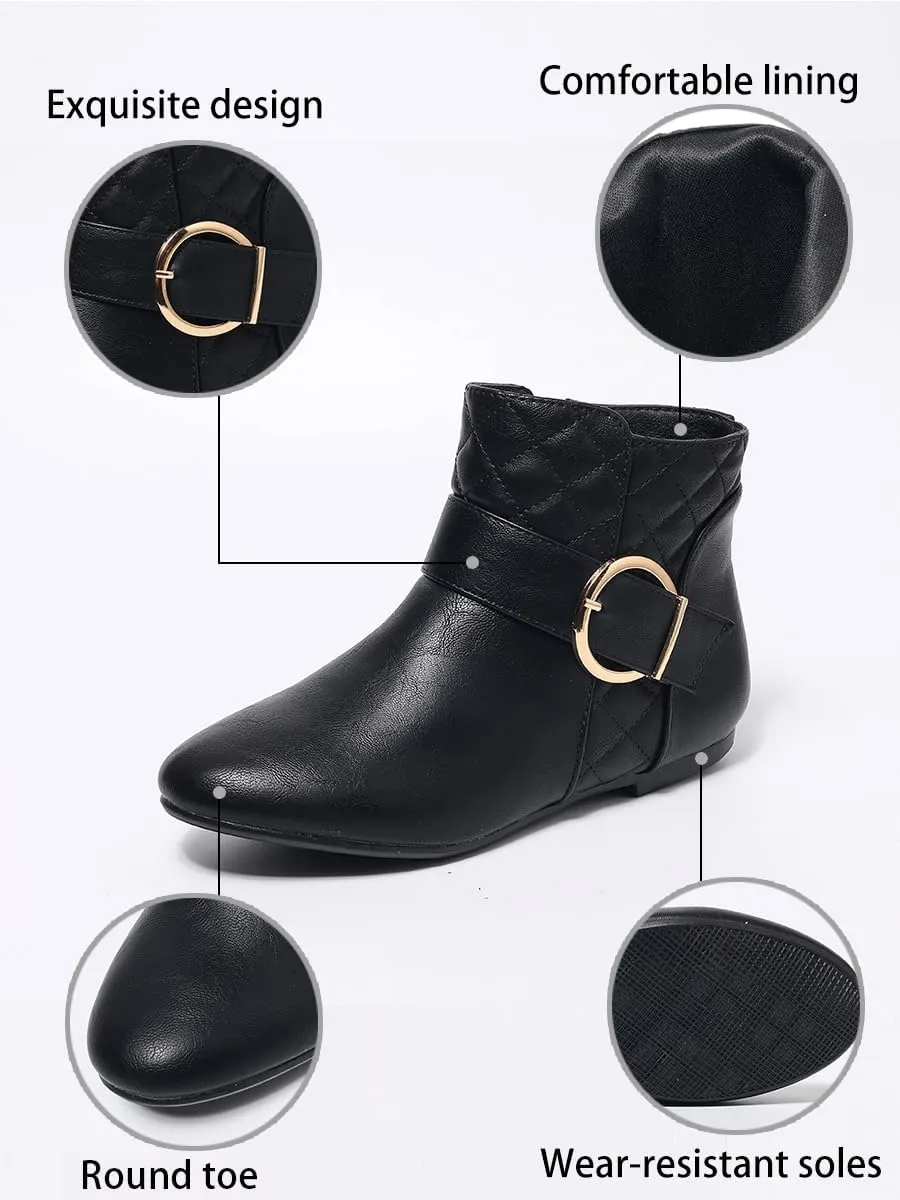 Women’s Fall Flat Ankle Boots - Low Heel Booties with Metal Ring Detail, Short No Heel Boots for Women, Stylish Fall Footwear