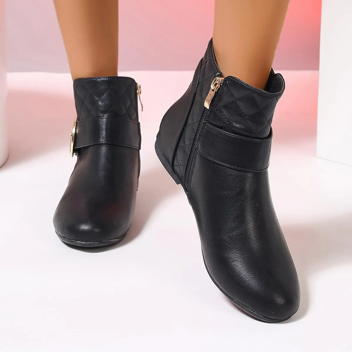 Women’s Fall Flat Ankle Boots - Low Heel Booties with Metal Ring Detail, Short No Heel Boots for Women, Stylish Fall Footwear