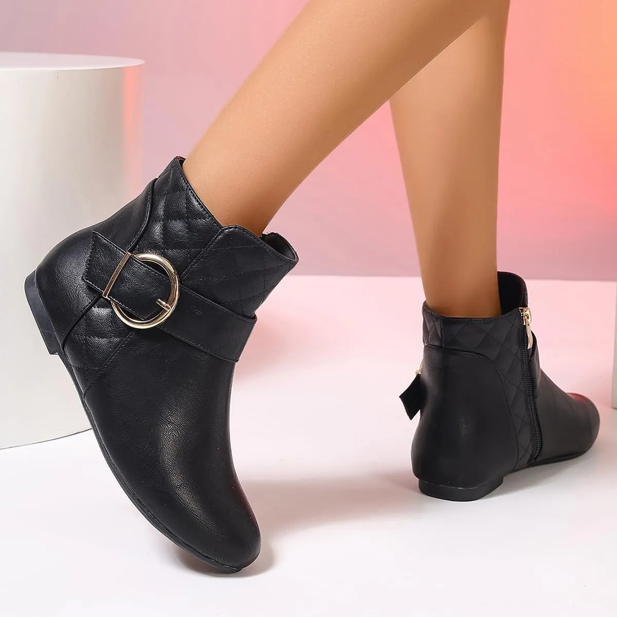 Women’s Fall Flat Ankle Boots - Low Heel Booties with Metal Ring Detail, Short No Heel Boots for Women, Stylish Fall Footwear