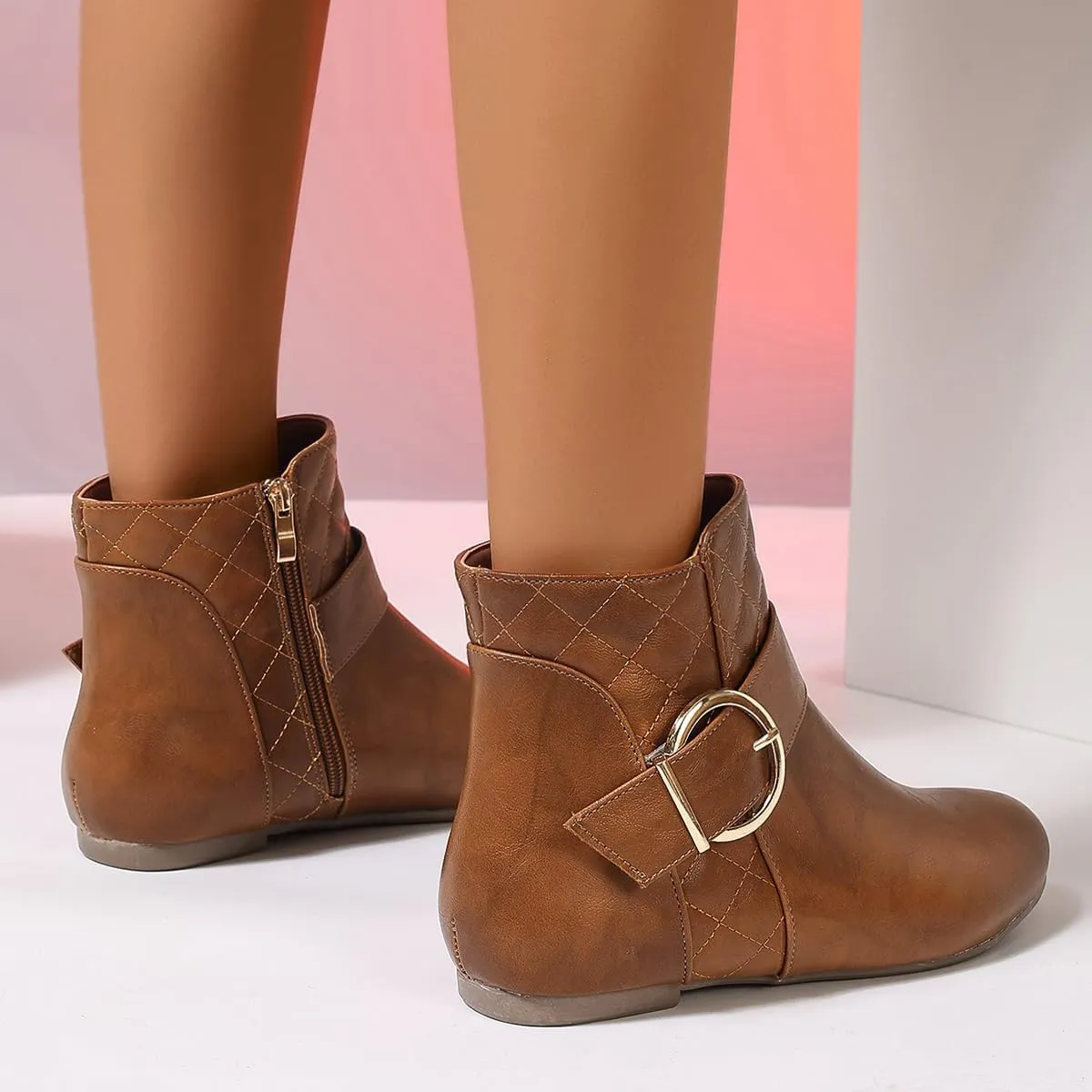 Women’s Fall Flat Ankle Boots - Low Heel Booties with Metal Ring Detail, Short No Heel Boots for Women, Stylish Fall Footwear