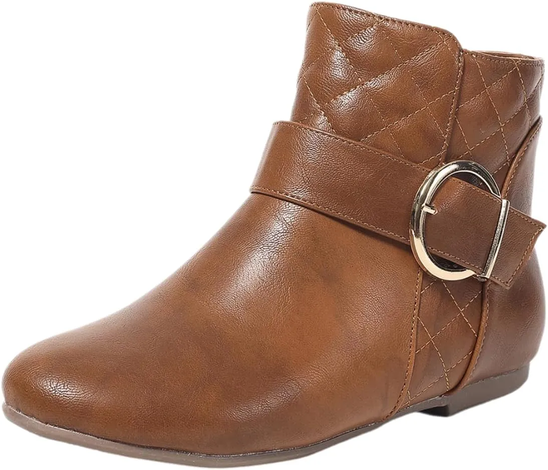 Women’s Fall Flat Ankle Boots - Low Heel Booties with Metal Ring Detail, Short No Heel Boots for Women, Stylish Fall Footwear
