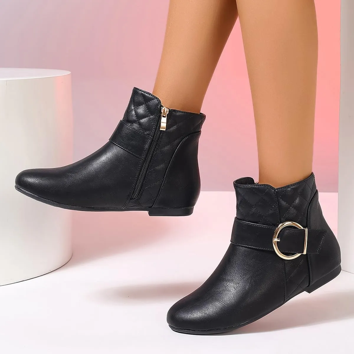 Women’s Fall Flat Ankle Boots - Low Heel Booties with Metal Ring Detail, Short No Heel Boots for Women, Stylish Fall Footwear