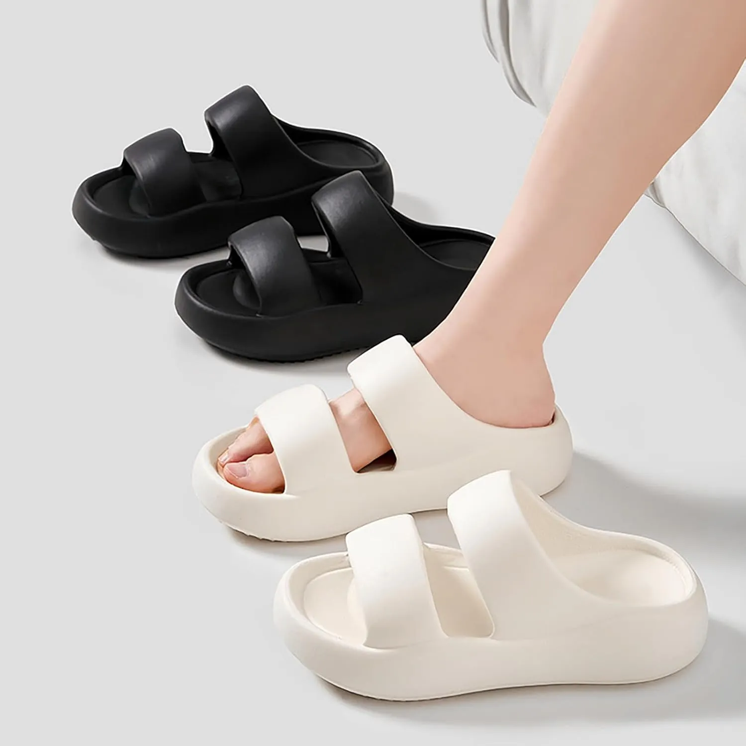 Women's Fashion Cowhide Leather Platform Sandals Comfy Soft Open Toe Slip On Wedge Casual Slides Summer Beach Lightweight Flatform Chunky Slippers