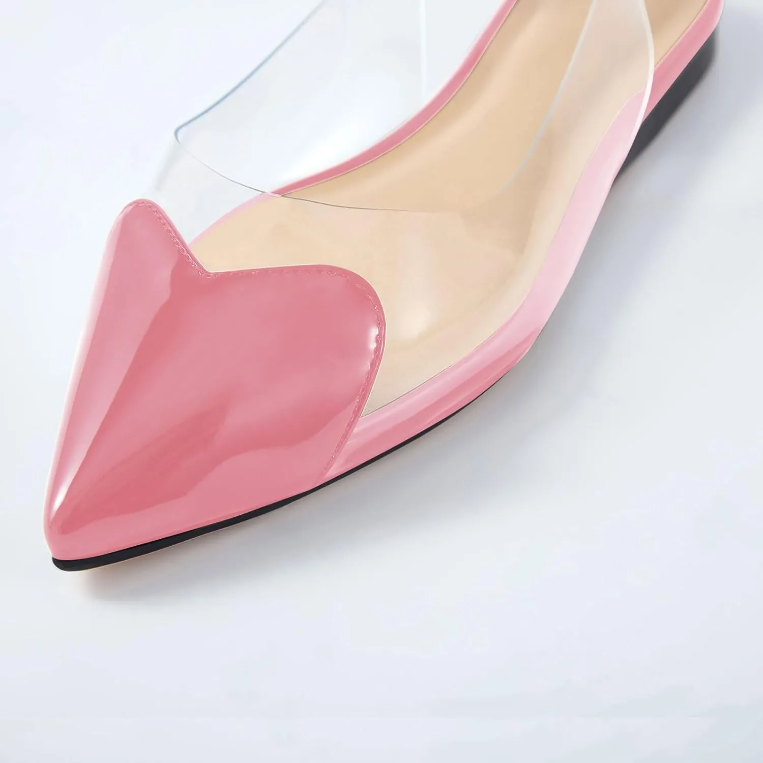 Women's Fashion Pointed Toe Heart Transparent PVC Slingback Flat Shoes Comfort Slip On Cap Toe Clear Ballet Flats Work Wedding Dress Flat Shoes for Women