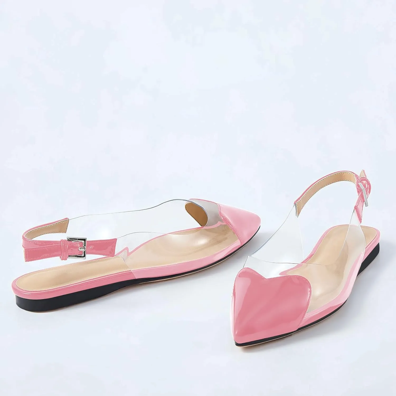 Women's Fashion Pointed Toe Heart Transparent PVC Slingback Flat Shoes Comfort Slip On Cap Toe Clear Ballet Flats Work Wedding Dress Flat Shoes for Women