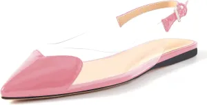 Women's Fashion Pointed Toe Heart Transparent PVC Slingback Flat Shoes Comfort Slip On Cap Toe Clear Ballet Flats Work Wedding Dress Flat Shoes for Women