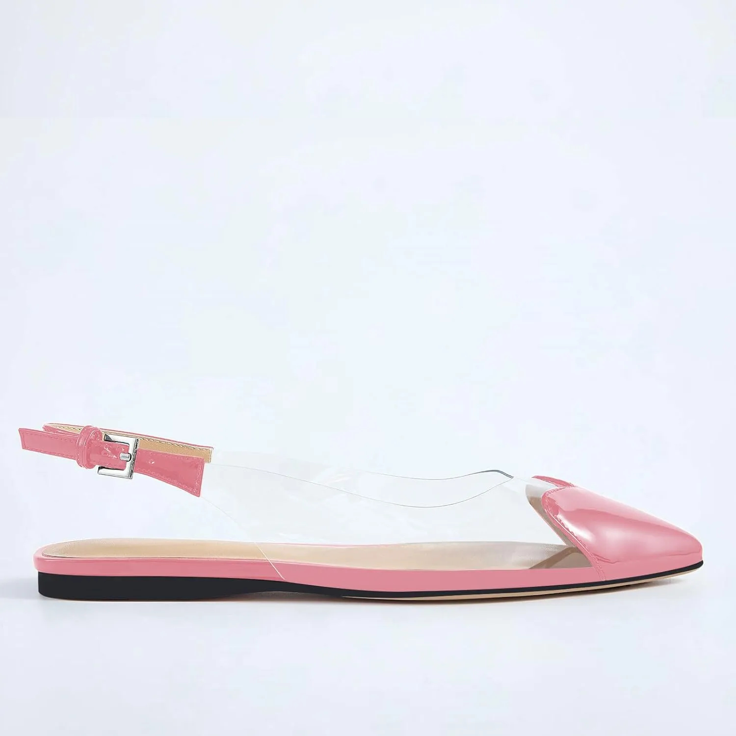 Women's Fashion Pointed Toe Heart Transparent PVC Slingback Flat Shoes Comfort Slip On Cap Toe Clear Ballet Flats Work Wedding Dress Flat Shoes for Women