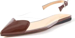 Women's Fashion Pointed Toe Heart Transparent PVC Slingback Flat Shoes Comfort Slip On Cap Toe Clear Ballet Flats Work Wedding Dress Flat Shoes for Women