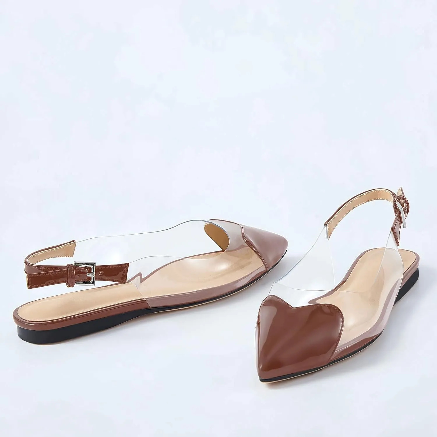 Women's Fashion Pointed Toe Heart Transparent PVC Slingback Flat Shoes Comfort Slip On Cap Toe Clear Ballet Flats Work Wedding Dress Flat Shoes for Women