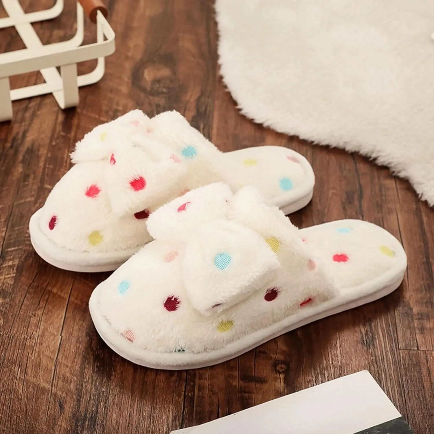 Women's Fleece Bow House Slippers Indoor Soft Comfy Cozy Plush Slip On Slippers with Bows Cute Winter Warm Bow Tie Fuzzy Bedroom Slippers Shoes Lightweight Non Slip