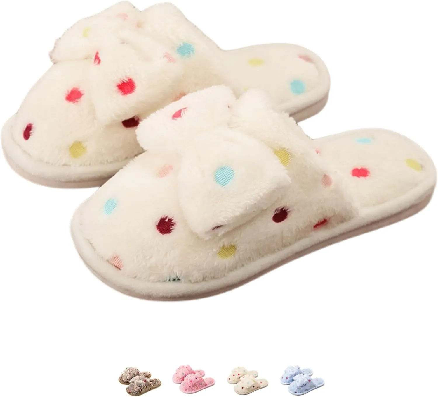 Women's Fleece Bow House Slippers Indoor Soft Comfy Cozy Plush Slip On Slippers with Bows Cute Winter Warm Bow Tie Fuzzy Bedroom Slippers Shoes Lightweight Non Slip