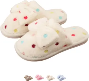 Women's Fleece Bow House Slippers Indoor Soft Comfy Cozy Plush Slip On Slippers with Bows Cute Winter Warm Bow Tie Fuzzy Bedroom Slippers Shoes Lightweight Non Slip
