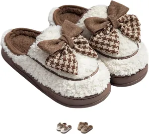 Women's Fleece Bow House Slippers Soft Plush Comfy Cozy Slip On Indoor Slipper with Bows Winter Warm Cute Bow Tie Fuzzy Bedroom Shoes Non Slip