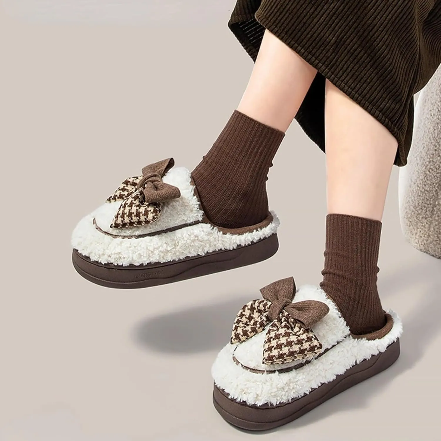 Women's Fleece Bow House Slippers Soft Plush Comfy Cozy Slip On Indoor Slipper with Bows Winter Warm Cute Bow Tie Fuzzy Bedroom Shoes Non Slip