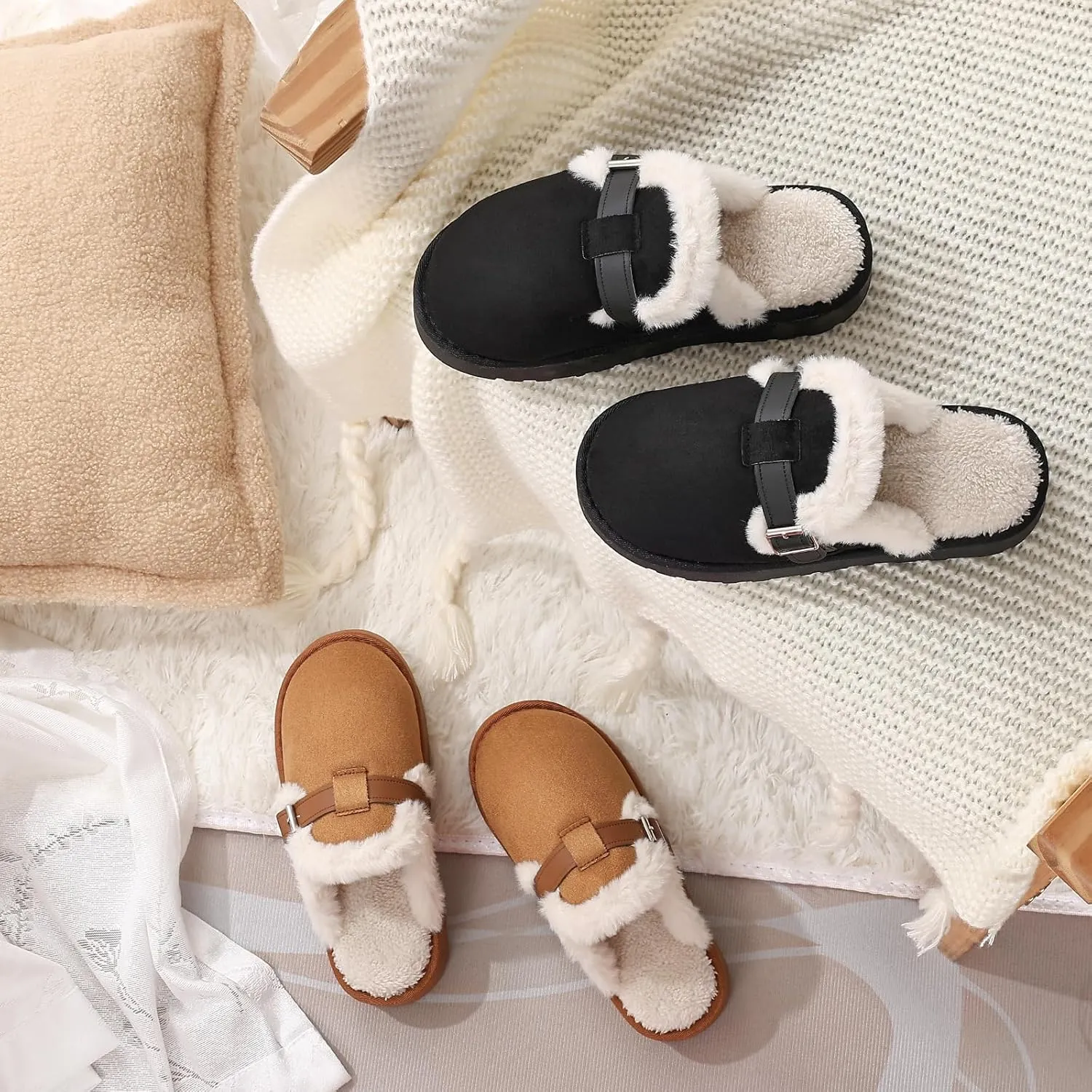 Women's Fuzzy Platform Slippers with Adjustable Buckle, Anti-Slip Sole Cozy Comfy Warm Winter Indoor Outdoor Slip-On House Shoes