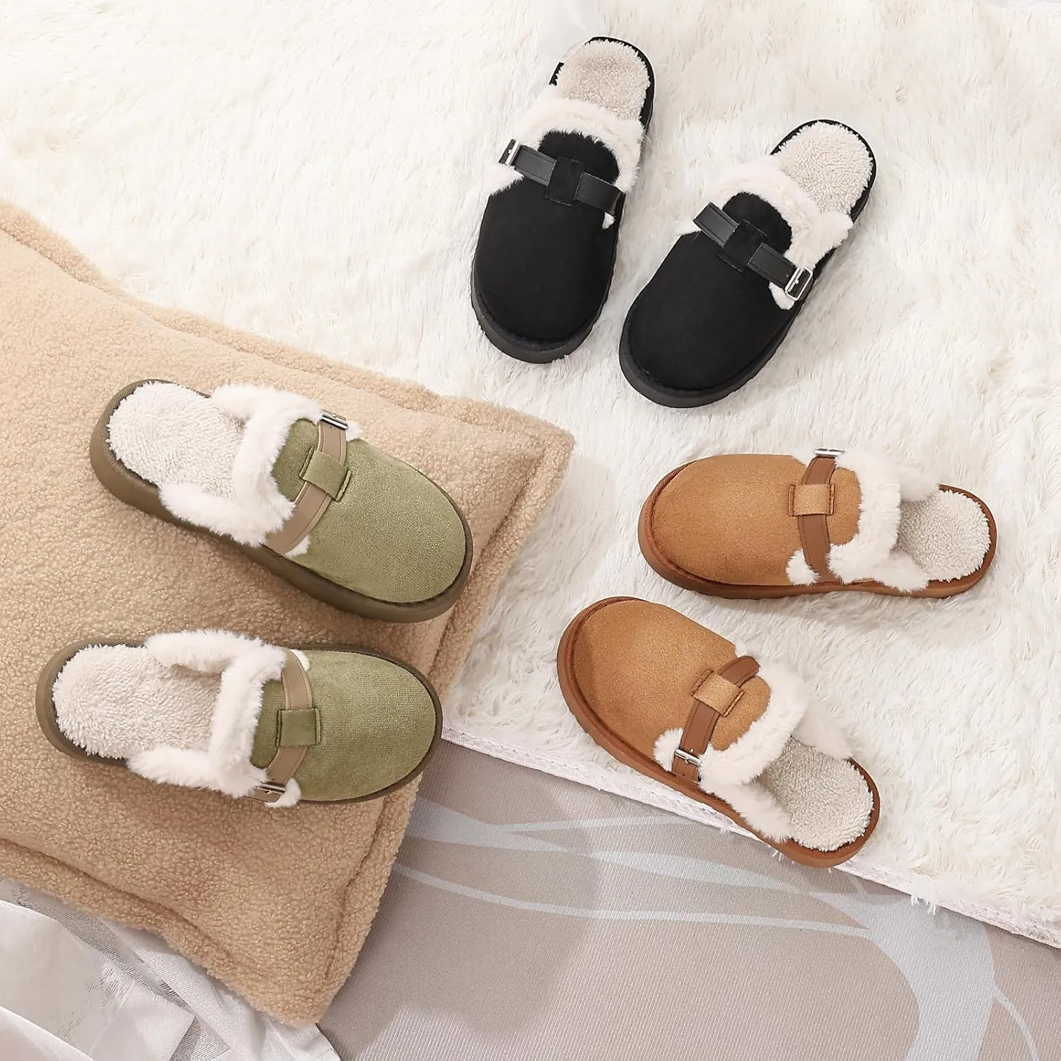 Women's Fuzzy Platform Slippers with Adjustable Buckle, Anti-Slip Sole Cozy Comfy Warm Winter Indoor Outdoor Slip-On House Shoes