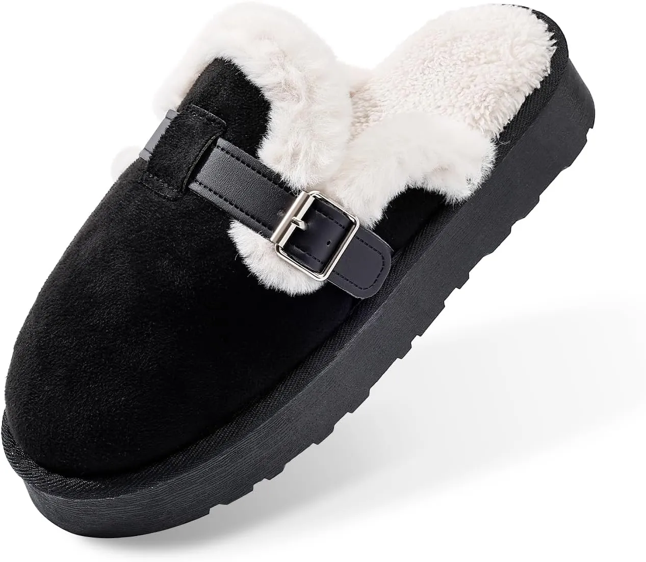 Women's Fuzzy Platform Slippers with Adjustable Buckle, Anti-Slip Sole Cozy Comfy Warm Winter Indoor Outdoor Slip-On House Shoes