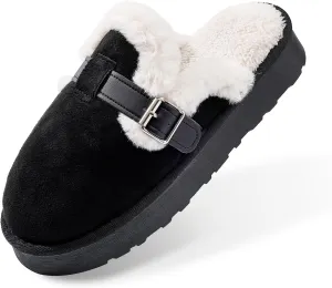 Women's Fuzzy Platform Slippers with Adjustable Buckle, Anti-Slip Sole Cozy Comfy Warm Winter Indoor Outdoor Slip-On House Shoes
