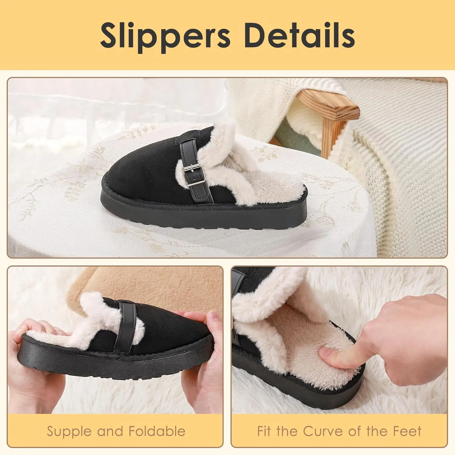 Women's Fuzzy Platform Slippers with Adjustable Buckle, Anti-Slip Sole Cozy Comfy Warm Winter Indoor Outdoor Slip-On House Shoes