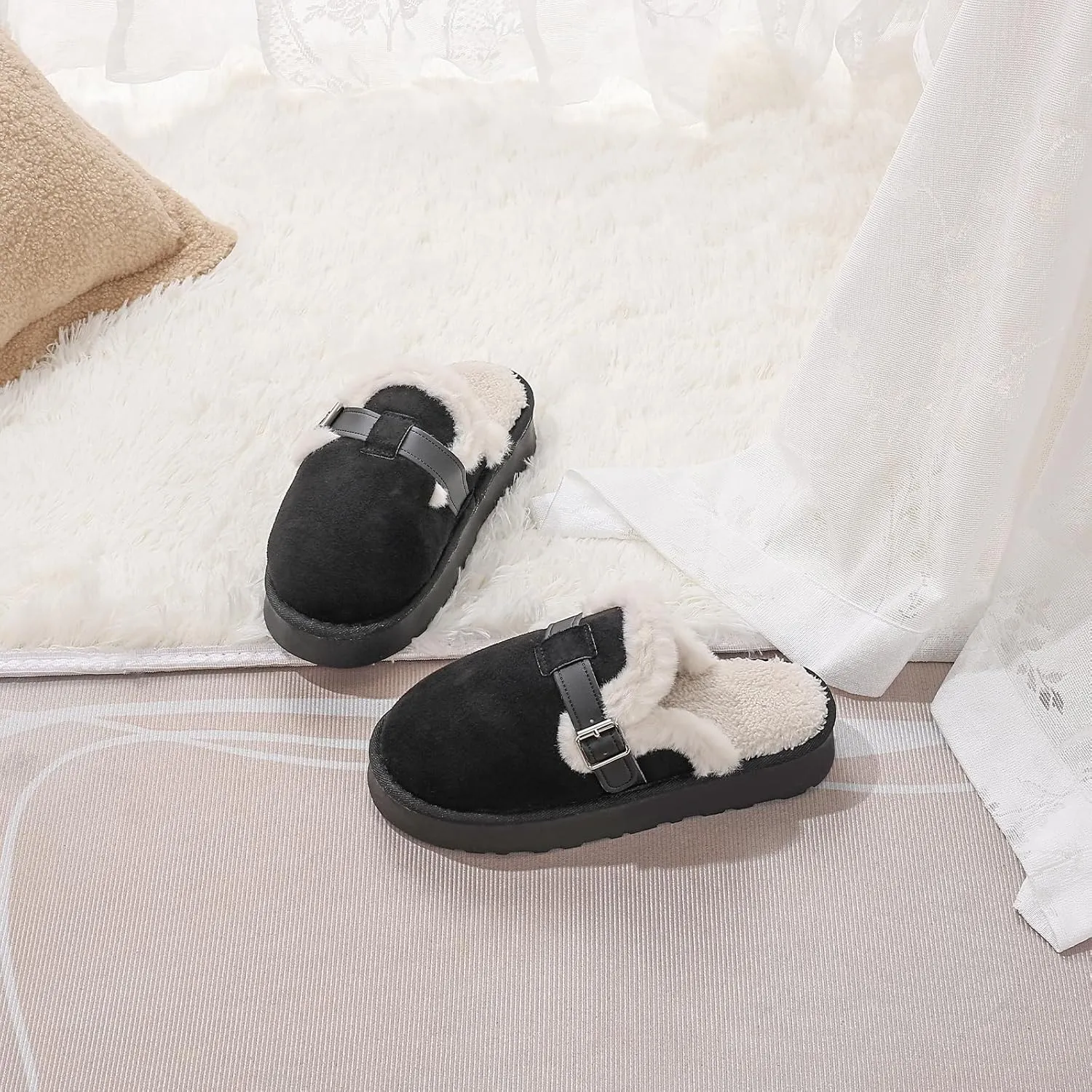 Women's Fuzzy Platform Slippers with Adjustable Buckle, Anti-Slip Sole Cozy Comfy Warm Winter Indoor Outdoor Slip-On House Shoes