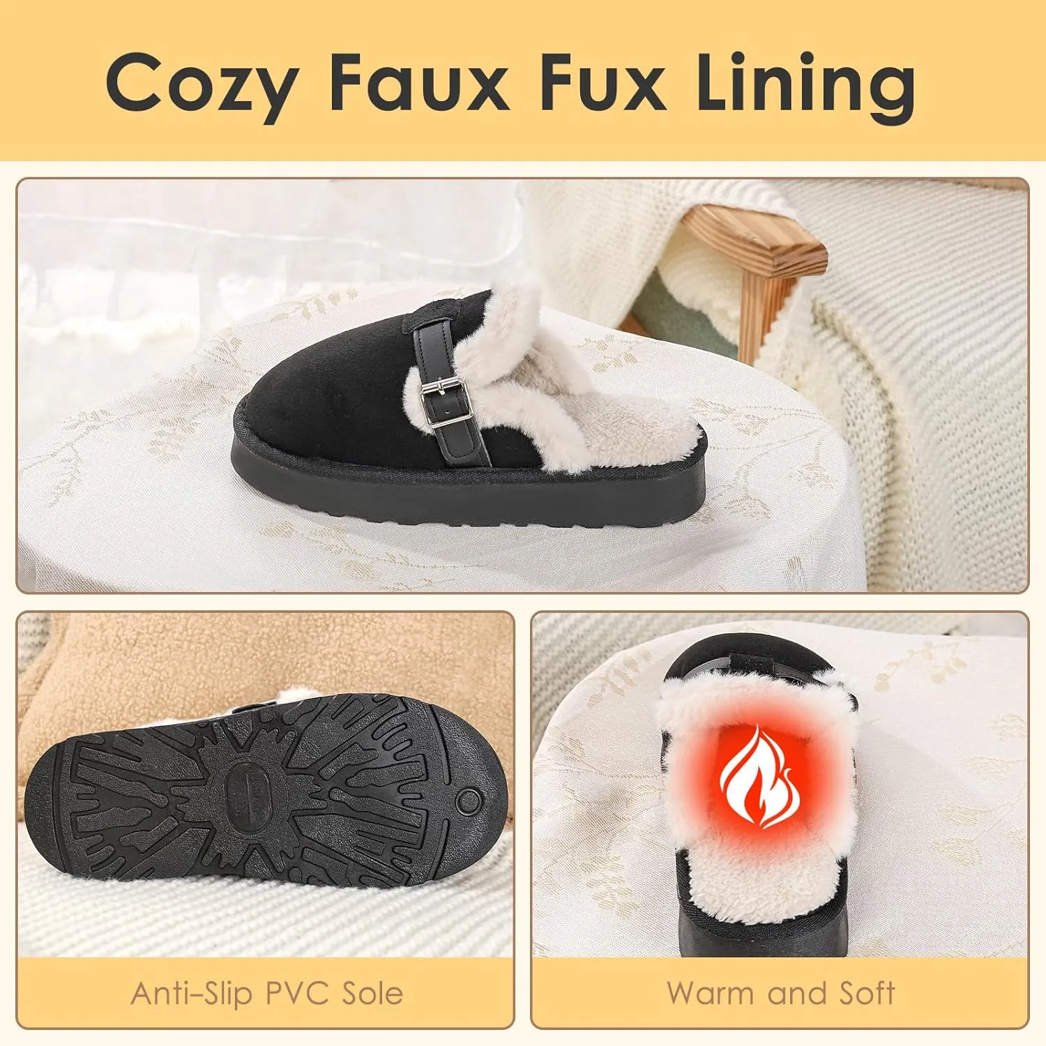 Women's Fuzzy Platform Slippers with Adjustable Buckle, Anti-Slip Sole Cozy Comfy Warm Winter Indoor Outdoor Slip-On House Shoes