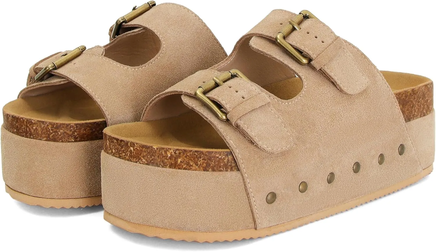 Womens Genuine Leather Cork Platform Sandals Adjustable Buckle Straps Band Suede Clogs Platform Slip on Flatform Sandals