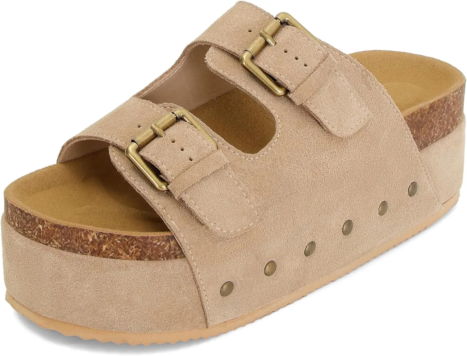 Womens Genuine Leather Cork Platform Sandals Adjustable Buckle Straps Band Suede Clogs Platform Slip on Flatform Sandals
