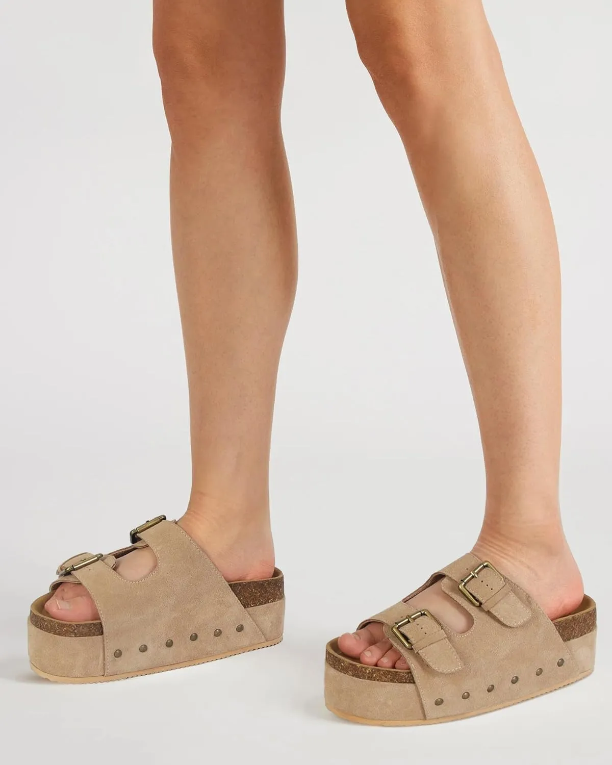 Womens Genuine Leather Cork Platform Sandals Adjustable Buckle Straps Band Suede Clogs Platform Slip on Flatform Sandals