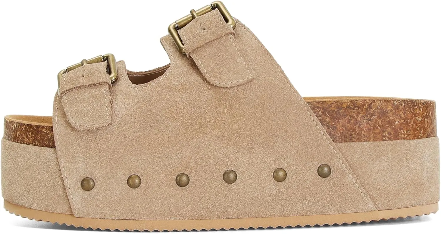 Womens Genuine Leather Cork Platform Sandals Adjustable Buckle Straps Band Suede Clogs Platform Slip on Flatform Sandals