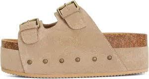 Womens Genuine Leather Cork Platform Sandals Adjustable Buckle Straps Band Suede Clogs Platform Slip on Flatform Sandals