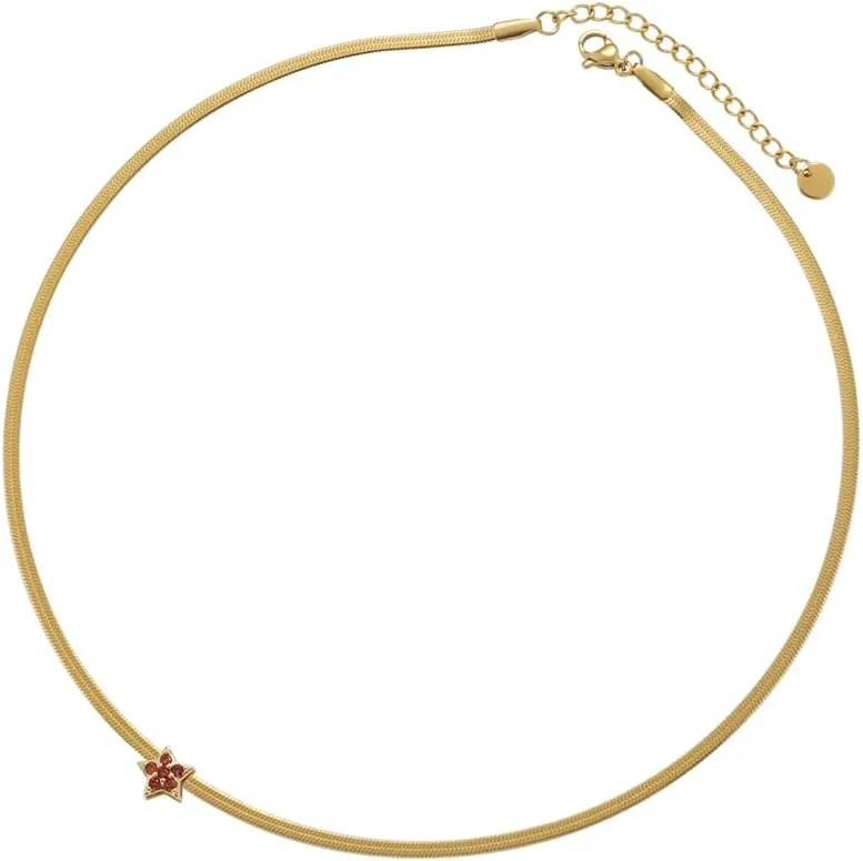 Women's Gold Plated Stainless Steel Snake Chain Choker with Small Reddish-Orange Crystal Accent Charm - Gold Orange