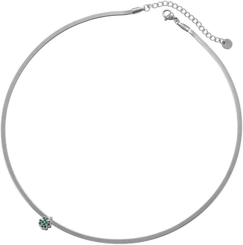 Women's Gold Plated Stainless Steel Snake Chain Choker with Small Reddish-Orange Crystal Accent Charm - Silver Green