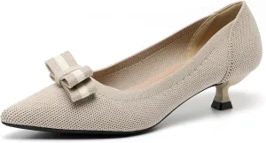 Women's Knit Kitten Heel Pumps Fashion Bow Decoration Closed Pointed Toe Slip On Low Heel Dress Shoe Summer Comfort Breathable Mesh Formal Pumps for Everyday Parties Evening Dates