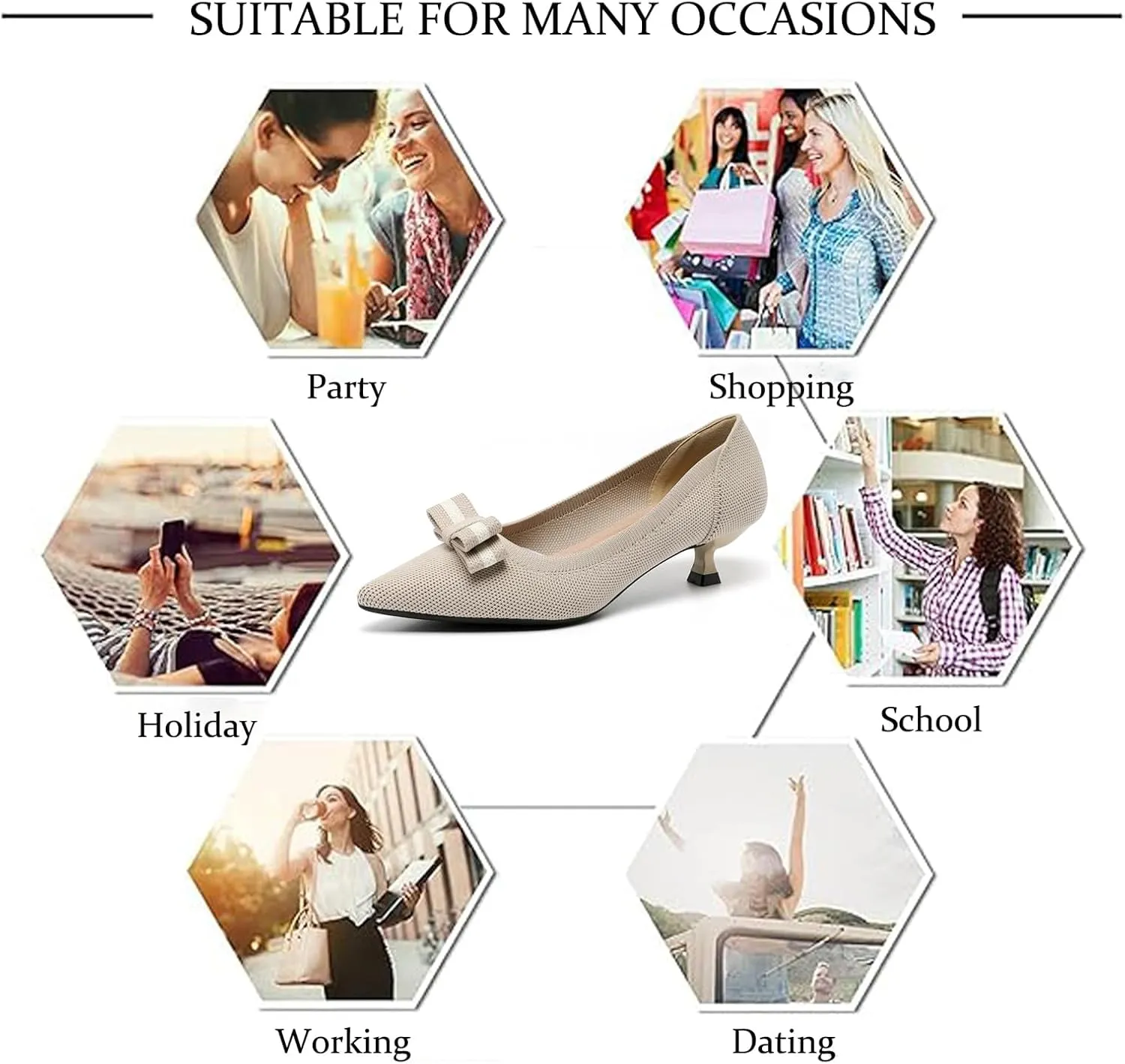 Women's Knit Kitten Heel Pumps Fashion Bow Decoration Closed Pointed Toe Slip On Low Heel Dress Shoe Summer Comfort Breathable Mesh Formal Pumps for Everyday Parties Evening Dates