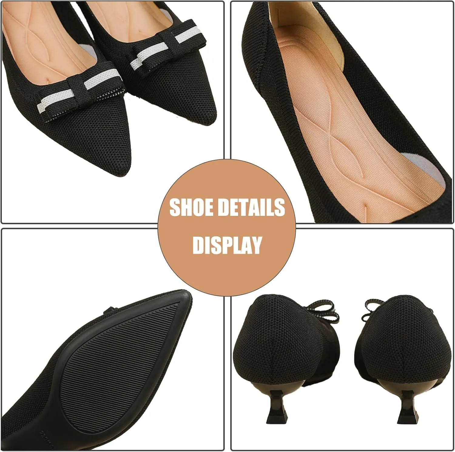 Women's Knit Kitten Heel Pumps Fashion Bow Decoration Closed Pointed Toe Slip On Low Heel Dress Shoe Summer Comfort Breathable Mesh Formal Pumps for Everyday Parties Evening Dates