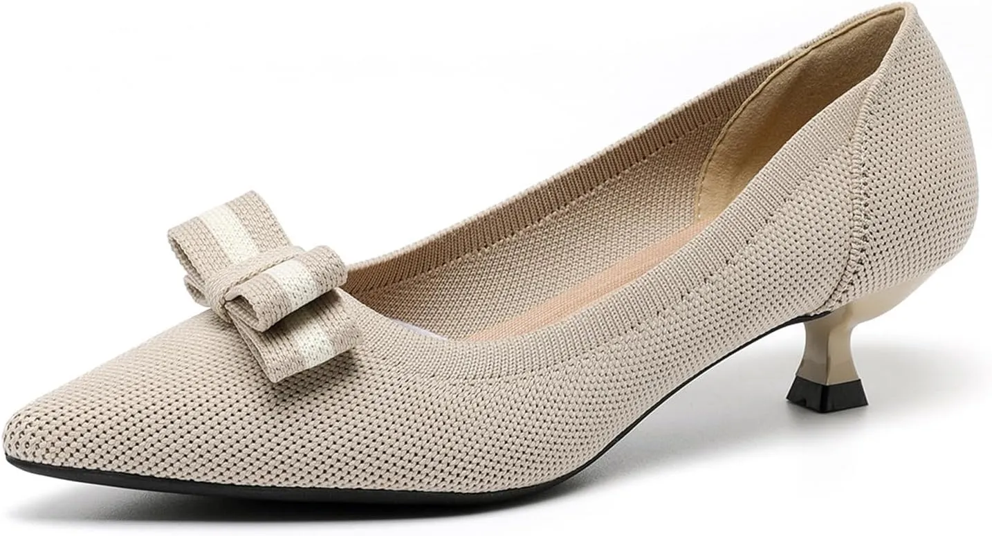 Women's Knit Kitten Heel Pumps Fashion Bow Decoration Closed Pointed Toe Slip On Low Heel Dress Shoe Summer Comfort Breathable Mesh Formal Pumps for Everyday Parties Evening Dates