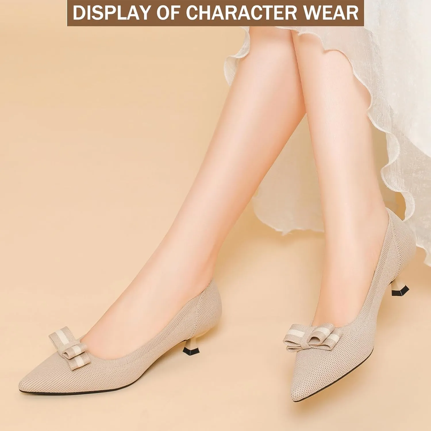 Women's Knit Kitten Heel Pumps Fashion Bow Decoration Closed Pointed Toe Slip On Low Heel Dress Shoe Summer Comfort Breathable Mesh Formal Pumps for Everyday Parties Evening Dates