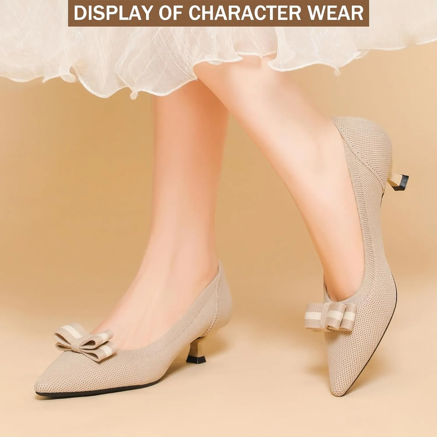 Women's Knit Kitten Heel Pumps Fashion Bow Decoration Closed Pointed Toe Slip On Low Heel Dress Shoe Summer Comfort Breathable Mesh Formal Pumps for Everyday Parties Evening Dates