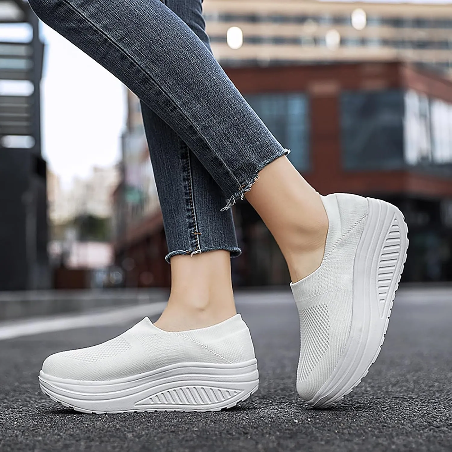 Women's Knitted Platform Slip On Walking Sneakers,Comfort Lightweight Arch Support Non Slip Casual Mesh Breathable Workout Work Shoes