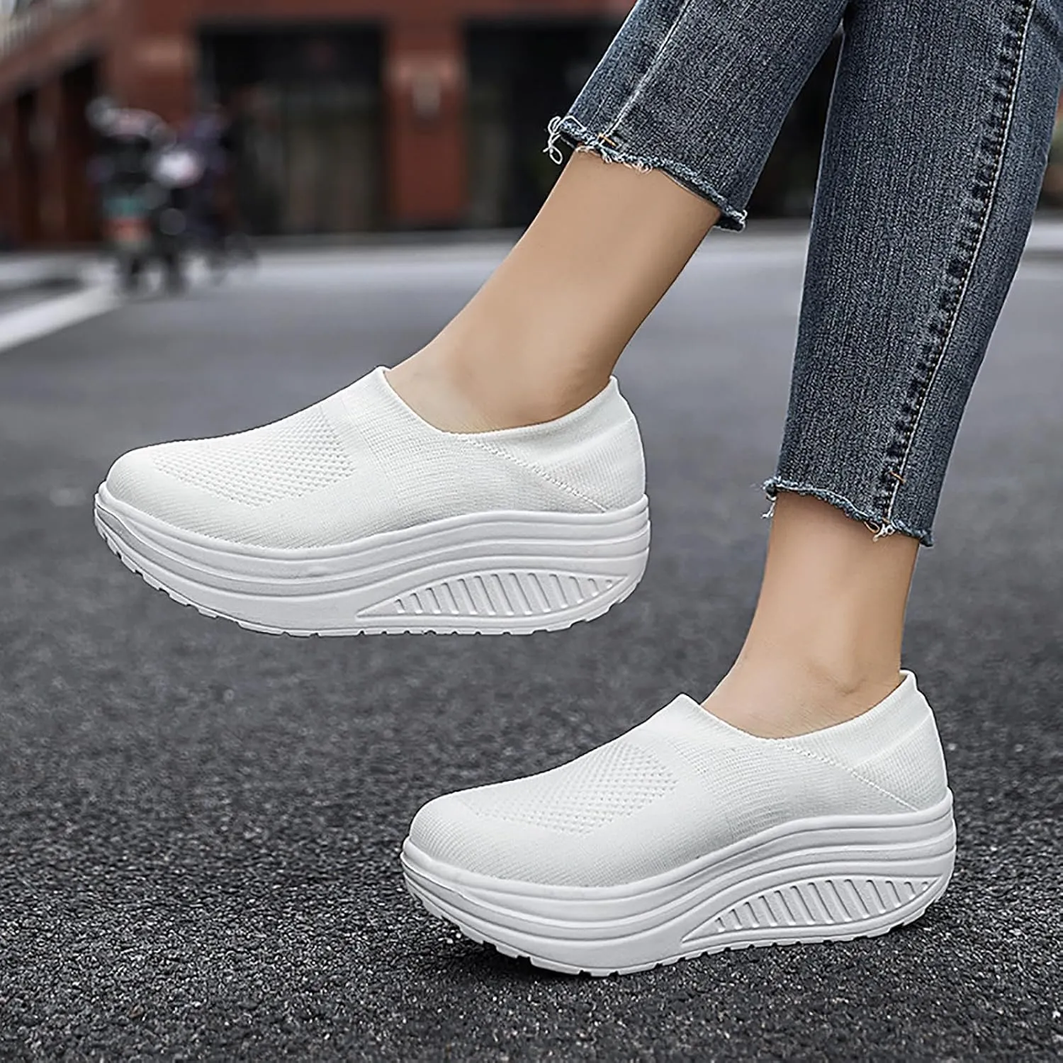 Women's Knitted Platform Slip On Walking Sneakers,Comfort Lightweight Arch Support Non Slip Casual Mesh Breathable Workout Work Shoes