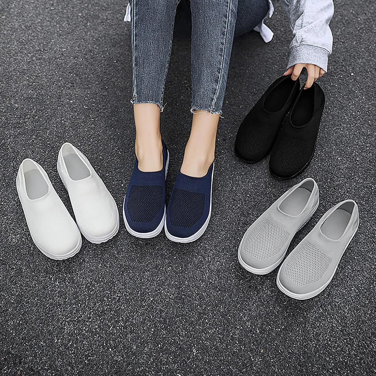 Women's Knitted Platform Slip On Walking Sneakers,Comfort Lightweight Arch Support Non Slip Casual Mesh Breathable Workout Work Shoes