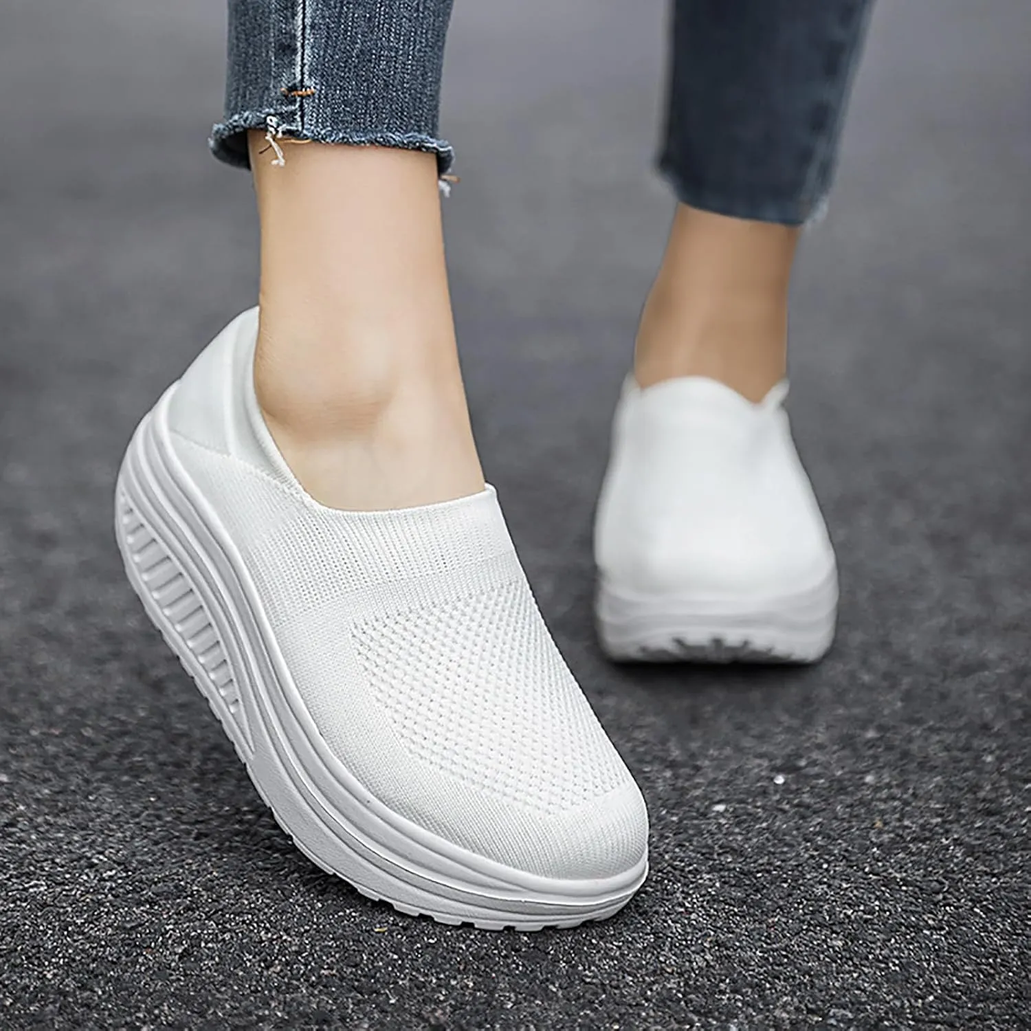 Women's Knitted Platform Slip On Walking Sneakers,Comfort Lightweight Arch Support Non Slip Casual Mesh Breathable Workout Work Shoes
