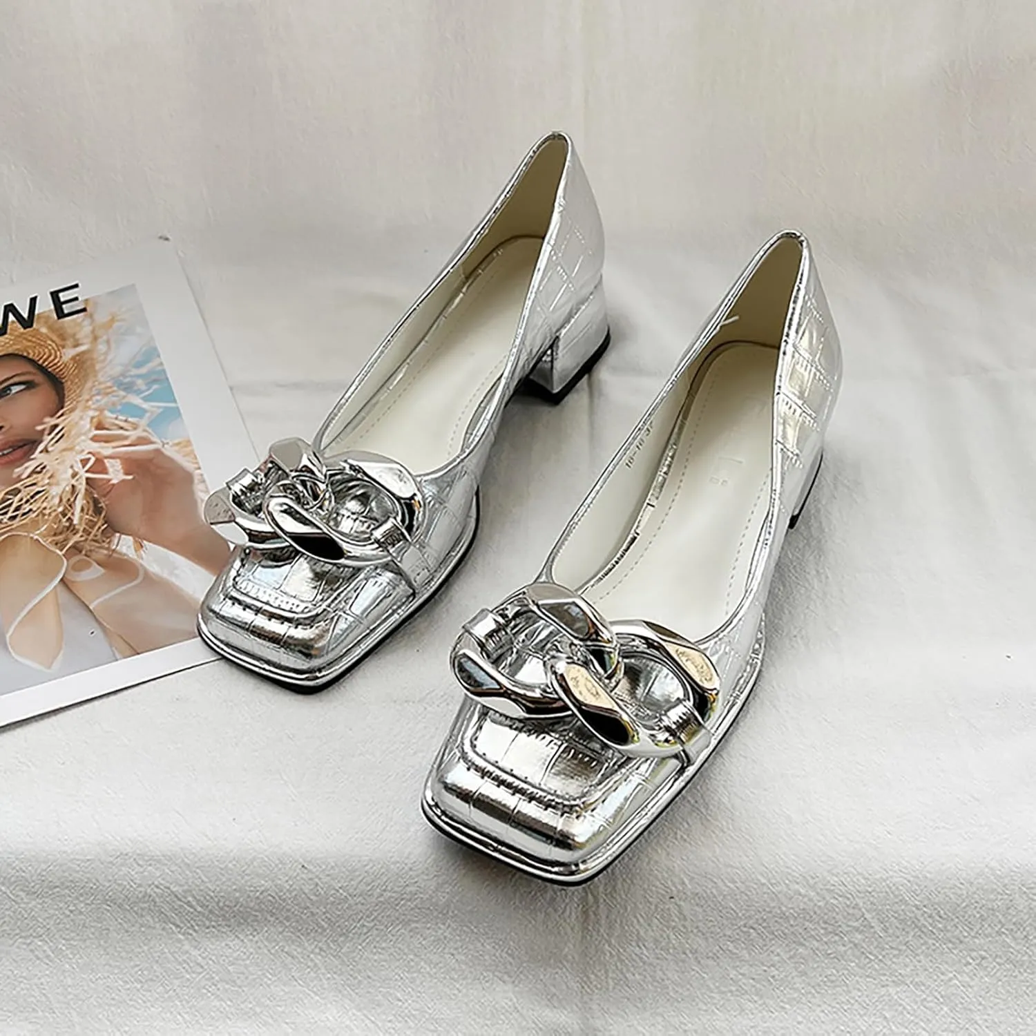 Women's Leather Chain Slip-On Low Block Heel Pumps Comfortable Closed Square Toe Chunky Heels Dress Loafers Casual Dressy Business Office Work Shoes